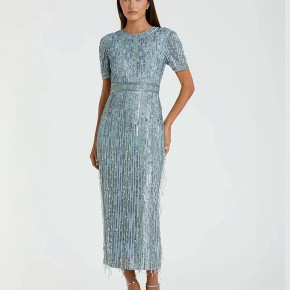 MAC DUGGAL 5980 HIGH NECK SHORT SLEEVE CRYSTAL FRINGE FRENCH BLUE MIDI DRESS 6 - Picture 2 of 5